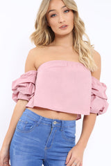 Rose Bardot Ruched Sleeve Crop Top - Corinne