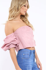 Rose Bardot Ruched Sleeve Crop Top - Corinne
