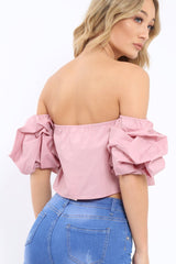 Rose Bardot Ruched Sleeve Crop Top - Corinne