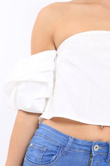 White Bardot Ruched Sleeve Crop Top - Corinne