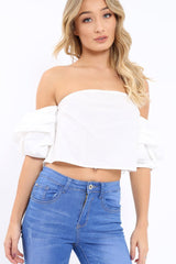 White Bardot Ruched Sleeve Crop Top - Corinne