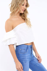 White Bardot Ruched Sleeve Crop Top - Corinne