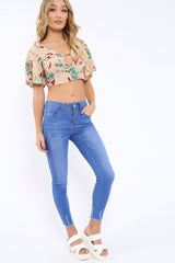 Nude Floral Plunge Tie Back Crop Top - Shelly