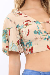 Nude Floral Plunge Tie Back Crop Top - Shelly