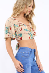 Nude Floral Plunge Tie Back Crop Top - Shelly