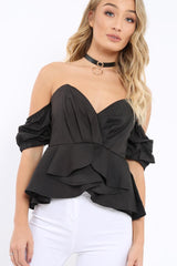 Black Bardot Corset Ruffle Sleeve Top - Shannen