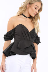 Black Bardot Corset Ruffle Sleeve Top - Shannen