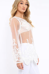 White Embroidered Sheer Mesh Top - Cher