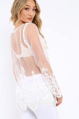 White Embroidered Sheer Mesh Top - Cher