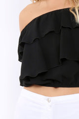 Black Bardot Frill Crop Top - Laila