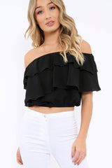 Black Bardot Frill Crop Top - Laila