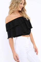 Black Bardot Frill Crop Top - Laila