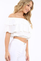 White Bardot Frill Crop Top - Laila