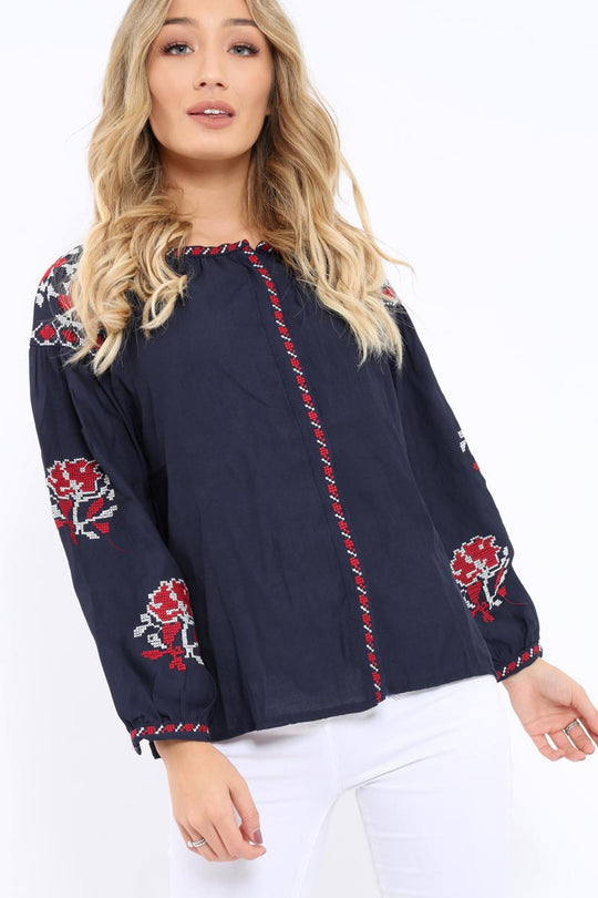 Navy Embroidered Blouse - Gabbie