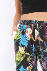 Black Tropical Print Wide Leg Trousers - Ezrie