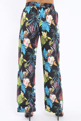 Black Tropical Print Wide Leg Trousers - Ezrie