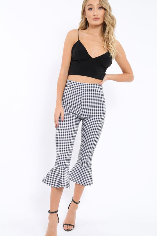 Black Gingham Cropped Flare Hem Trousers - Aniesha