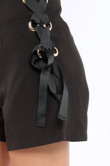 Black Lace Up Eyelet High Waist Shorts - Lola