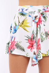 White Tropical Print Tie Waist Shorts - Tabby