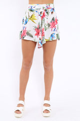 White Tropical Print Tie Waist Shorts - Tabby