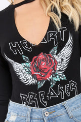 Black Heart Breaker Bodysuit with Plunge Neck - Scarlet