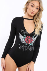 Black Heart Breaker Bodysuit with Plunge Neck - Scarlet