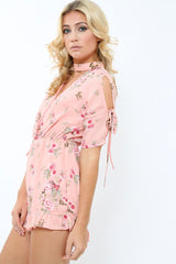 Pink floral cut out choker playsuit - Clarissa