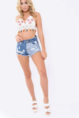 Two Tone Denim Distressed High Waist Shorts - Antonina