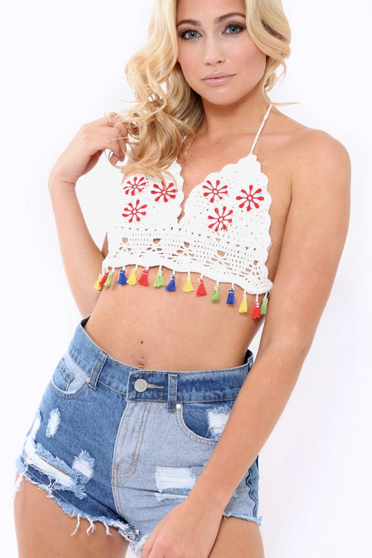 White Crochet Halter neck Bralet - Edith