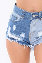 Two Tone Denim Distressed High Waist Shorts - Antonina