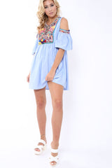 Blue Cold Shoulder Shift Dress with Aztec Embroidery - Elodie