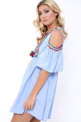 Blue Cold Shoulder Shift Dress with Aztec Embroidery - Elodie