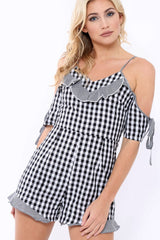 Black Gingham Cold Shoulder Playsuit - Lorinda
