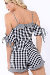 Black Gingham Cold Shoulder Playsuit - Lorinda