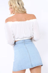 White Bardot Crop Top with Sheer Crochet Sleeves - Skylar