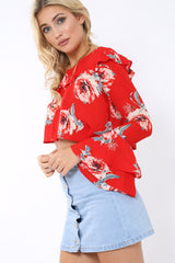 Red Floral One Sleeved Crop Top - Beatrice