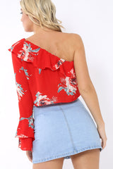 Red Floral One Sleeved Crop Top - Beatrice