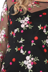 Black Embroidered Body Con with Sheer Sleeves - Fleur