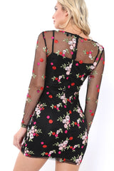Black Embroidered Body Con with Sheer Sleeves - Fleur