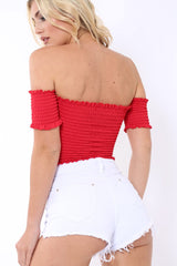 Red Bardot Frill Shirred Crop Top - Kailah
