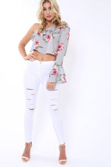 Grey Floral One Sleeved Crop Top - Beatrice
