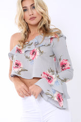 Grey Floral One Sleeved Crop Top - Beatrice
