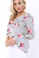 Grey Floral One Sleeved Crop Top - Beatrice