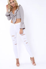 Grey Tie Front Bell Sleeve Crop Top - Angelina