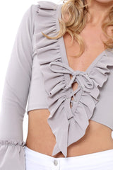 Grey Tie Front Bell Sleeve Crop Top - Angelina