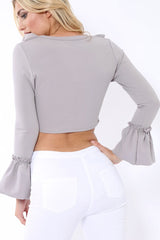 Grey Tie Front Bell Sleeve Crop Top - Angelina