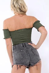 Khaki Bardot Frill Shirred Crop Top - Kailah