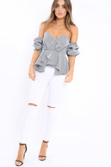 Gingham Sweet Heart Bardot Top with Ruched Sleeves - Kadisha