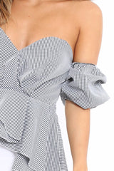 Gingham Sweet Heart Bardot Top with Ruched Sleeves - Kadisha