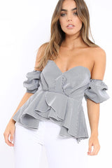 Gingham Sweet Heart Bardot Top with Ruched Sleeves - Kadisha